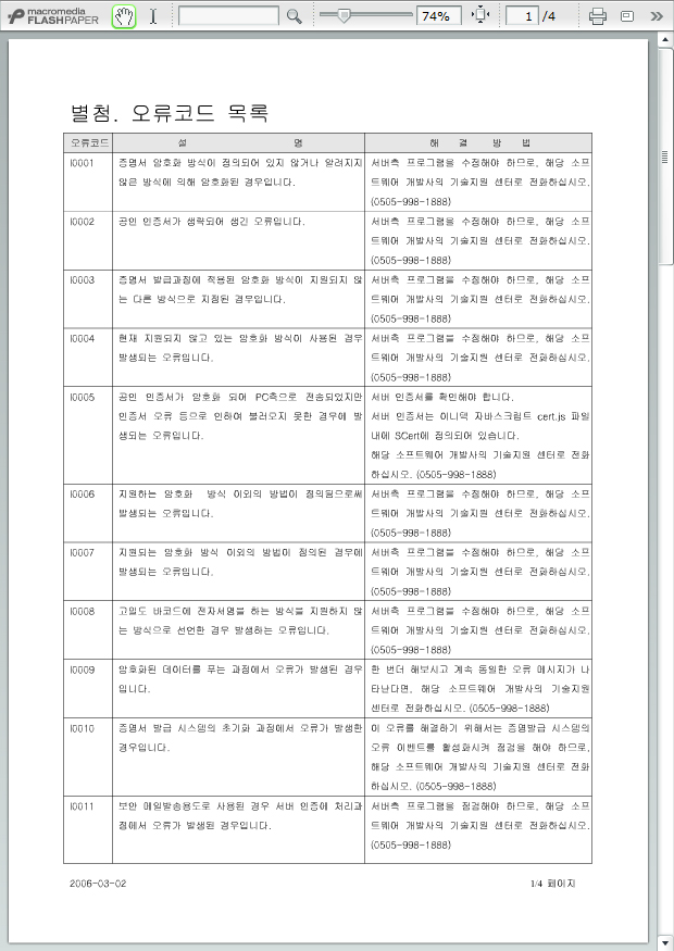 별첨. 오류코드 목록 1. 오류코드 1001 : 증명서 암호화 방식에 정의되어 있지 않거나 알려지지않은 방식에 의해 암호화된 경우입니다. (해결방법 : 서버측 프로그램을 수정해야 하므로, 해당
						소프트웨어 개발사의 기술지원 센터로 전화하십시오. 0505-998-1888) 2. 오류코드 10002 : 공인 인증서가 생략되어 생긴 오류입니다. (해결방법 : 서버측 프로그램을 수정해야 하므로, 해당 소프트웨어 개발사의 
						기술지원 센터로 전화하십시오 0505-998-1888.) 3. 오류코드 10003 : 증명서 발급과정에 적용된 암호화 방식이 지원되지 않는 다른 방식으로 지정된 경우입니다. (해결방법 : 서버측 프로그램을 수정해야 하므로, 해당 소프트웨어 
						개발사의 기술지원 센터로 전화하십시오. 0505-998-1888) 4. 오류코드 10004 : 현재 지원되지 않고 있는 암호화 방식이 사용된 경우 발생되는 오류입니다. (해결방법 : 서버측 프로그램을 수정해야 하므로, 해당 소프트웨어 개발사의
						기술지원 센터로 전화하십시오. 0505-998-1888) 5. 오류코드 10005 : 공인인증서가 암호화 되어 PC측으로 전송되었지만 인증서 오류 등으로 인하여 불러오지 못한 경우에 발생되는 오류입니다. (해결방법 : 서비 인증서를 확인해야 
						합니다. 서버 인증서는 이니텍 자바스크립트 cert.js 파일내에 SCert에 정의되어 있습니다. 해당 소프트웨어 개발사의 기술지원 센터로 전화하십시오 0505-998-1888) 6. 오류코드 10006 :  지원하는 암호화 방식 이외의 방법이 
						정의됨으로써 발생되는 오류입니다. (해결방법 : 서버측 프로그램을 수정해야 하므로, 해당 소프트웨어 개발사의 기술지원 센터로 전화하십시오. 0505-998-1888) 7. 오류코드 10007 : 지원되는 암호화 방식 이외의 방법이 정의된
						경우에 발생되는 오류입니다. (해결방법 : 서버측 프로그램을 수정해야 하므로, 해당 소프트웨어 개발사의 기술지원 센터로 전화하십시오. 0505-998-1888) 8. 오류코드 10008 : 고밀도 바코드에 전자서명을 하는 방식을 지원하지 않는
						방식으로 선언한 경우 발생하는 오류입니다. (해결방법 : 서버측 프로그램을 수정해야 하므로, 해당 소프트웨어 개발사의 기술지원 센터로 전화하십시오. 0505-998-1888) 9. 오류코드 10009 : 암호화된 데이터를 푸는 과정에서 오류가
						발생된 경우 입니다. (해결방법 : 한 번더 해보시고 계속 동일한 오류 메시지가 나타난다면, 해당 소프트웨어 개발사의 기술지원센터로 전화하십시오. 0505-998-1888) 10. 오류코드 10010 : 증명서 발급 시스템의 초기화 과정에서
						오류가 발생한 경우입니다. (해결방법 : 이 오류를 해결하기 위해서는 증명발급 시스템의 오류 이벤트를 활성화시켜 점검을 해야 하므로, 해당 소프트웨어 개발사의 기술지원 센터로 전화하십시오 0505-998-1888) 11. 오류코드 10011 : 
						보안 메일발송용도로 사용된 경우 서버 인증에 처리과정에서 오류가 발생된 경우입니다. (해결방법 : 서버측 프로그램을 점점해야 하므로, 해당 소프트웨어 개발사의 기술지원 센터로 전화하십시오 0505-998-1888)